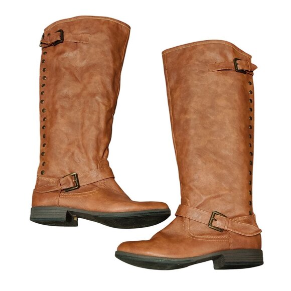 Bamboo Montage 10 Womens Boots Brown Knee High Faux Leather Buckle Stud Lined - Picture 1 of 15